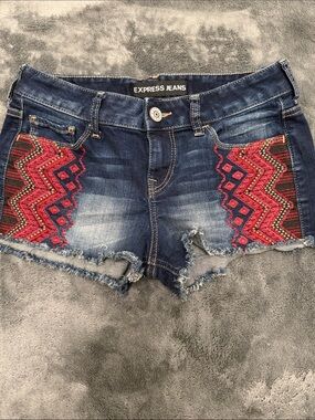 Express Dark Blue Denim Shorts with Red Embroidered Panels